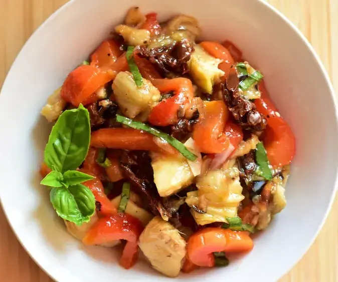 Baby-Eggplant-and-Red-Bell-Pepper-Salad