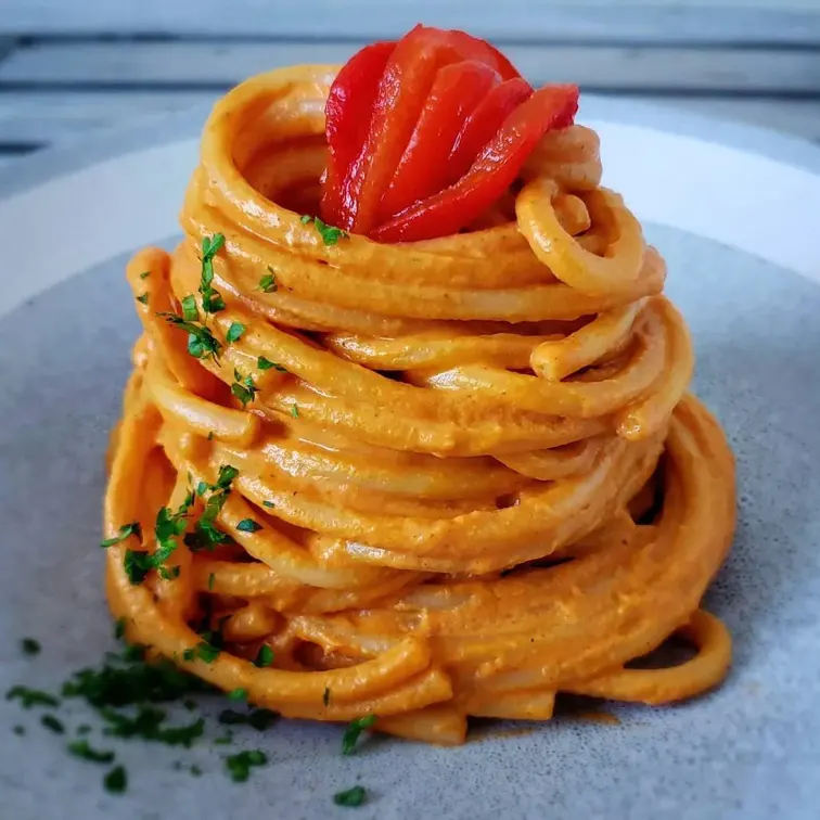 Bucatini-With-Creamy-Roasted-Red-Bell-Pepper-and-Harissa-Sauce