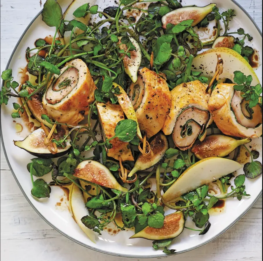 Collard-and-Prosciutto-Chicken-Roulades-over-Watercress-Salad