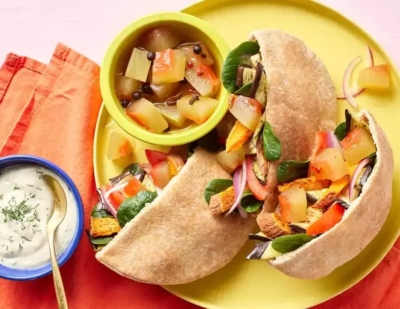 Roasted-Eggplant-Gyros-with-Watermelon-Rind-Pickles