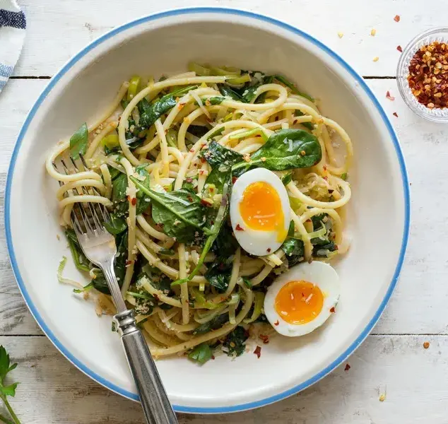 bucatini-with-eggs-leeks-spinach-and-preserved-lemon