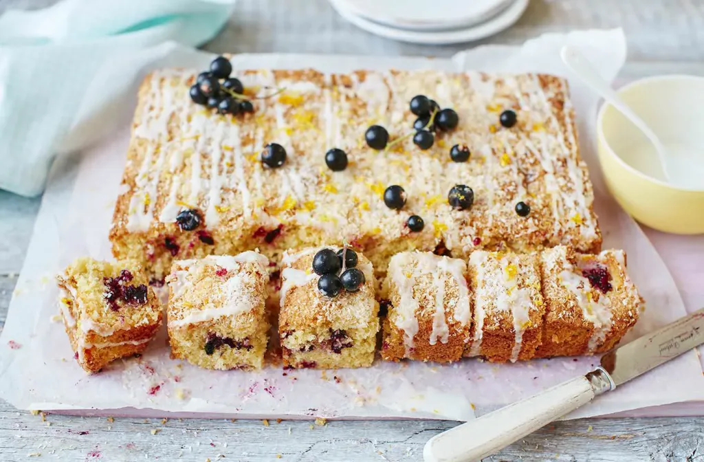 iced-lemon-coconut-and-blackcurrant-tray-bake-cake