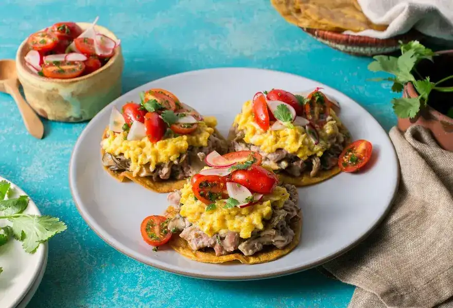 mushroom-bean-tostadas-with-scrambled-eggs-and-puerto-rican-salsa