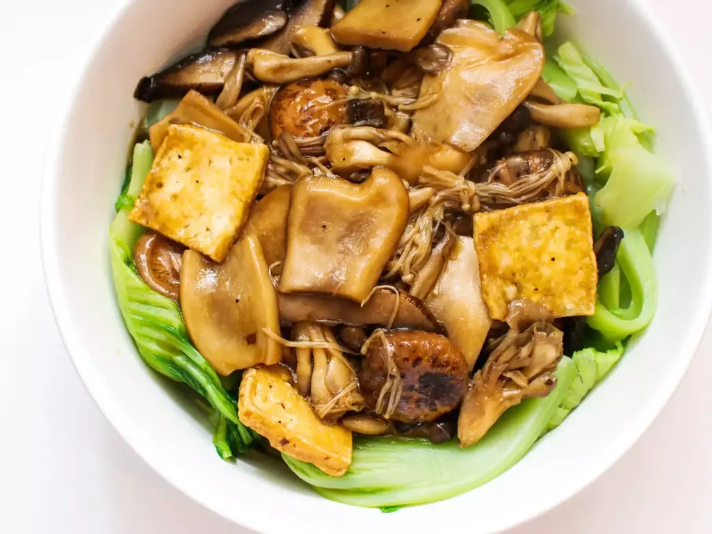 mushrooms-and-tofu-with-chinese-mustard-greens