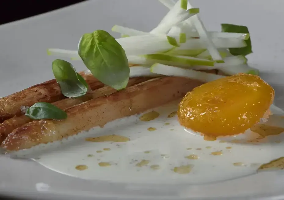 roasted-white-asparagus-with-cured-egg-yolk-basil-and-green-apple