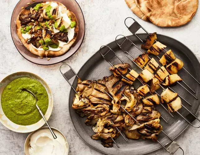 smoky-mushroom-skewers-with-labneh-and-salsa-verde