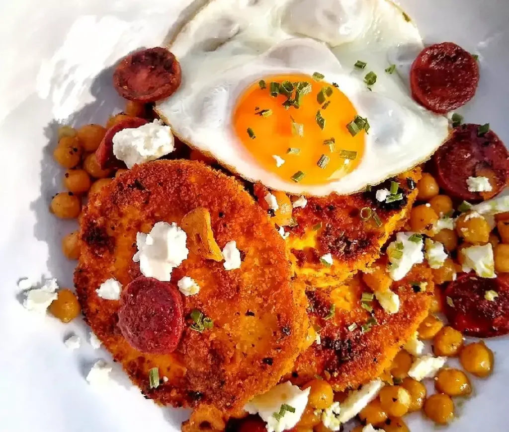 spiced-breaded-puffball-mushroom-with-chickpeas-chorizo-feta