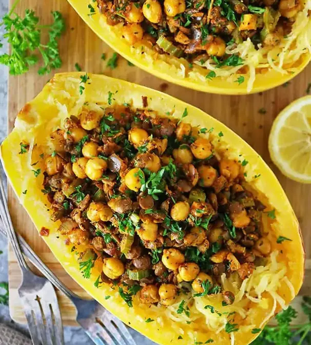 spicy-vegan-chickpea-lentil-stuffed-spaghetti-squash